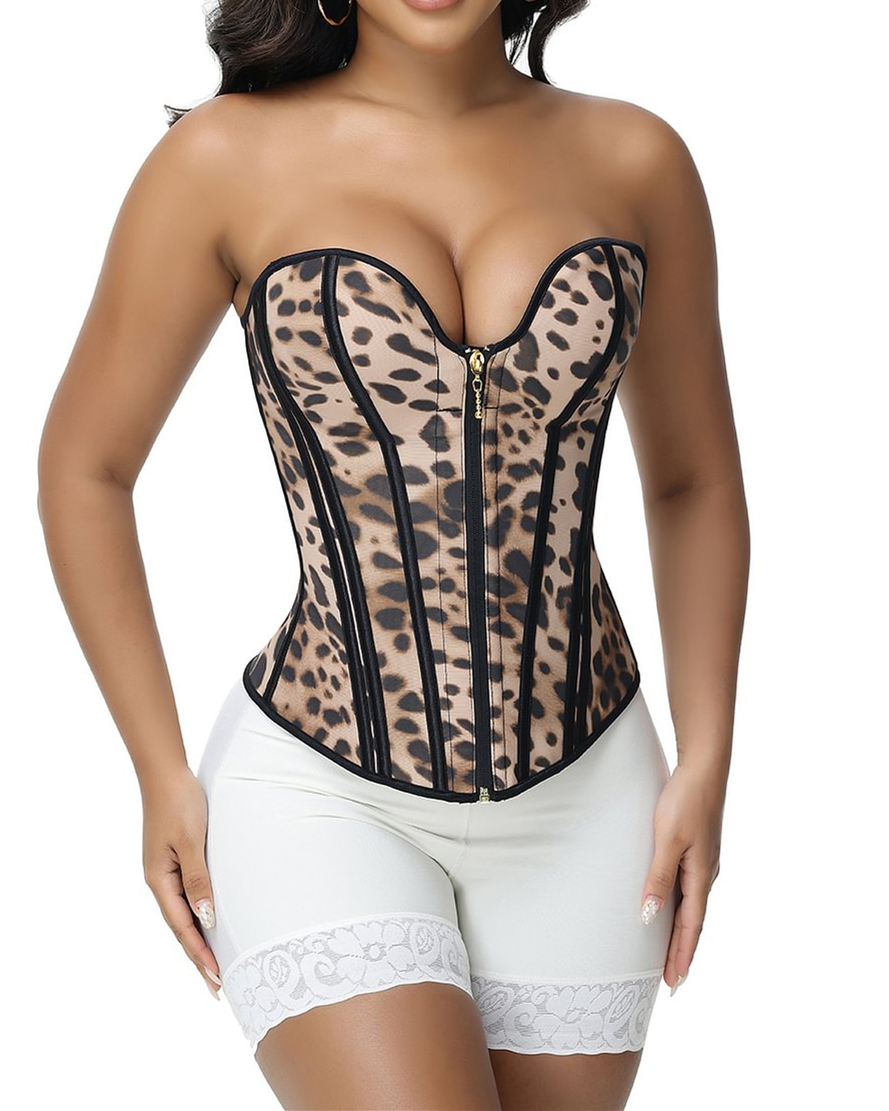 Removeable Strap Waist Trainer Leopard print Corest with Front Zipper-Curvy-Faja