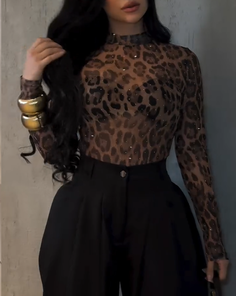 Leopard Print Mesh Top with Diamonds-Curvy-Faja