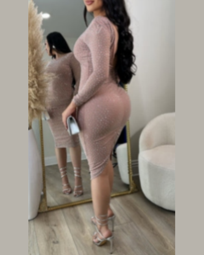 Sexy Women's See-through Mesh Studded Evening Dress-Curvy-Faja