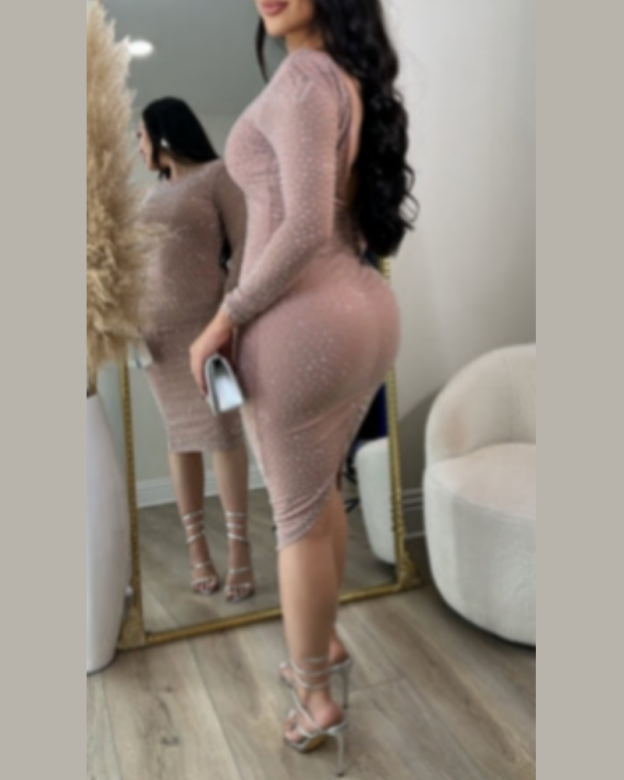 Sexy Women's See-through Mesh Studded Evening Dress-Curvy-Faja