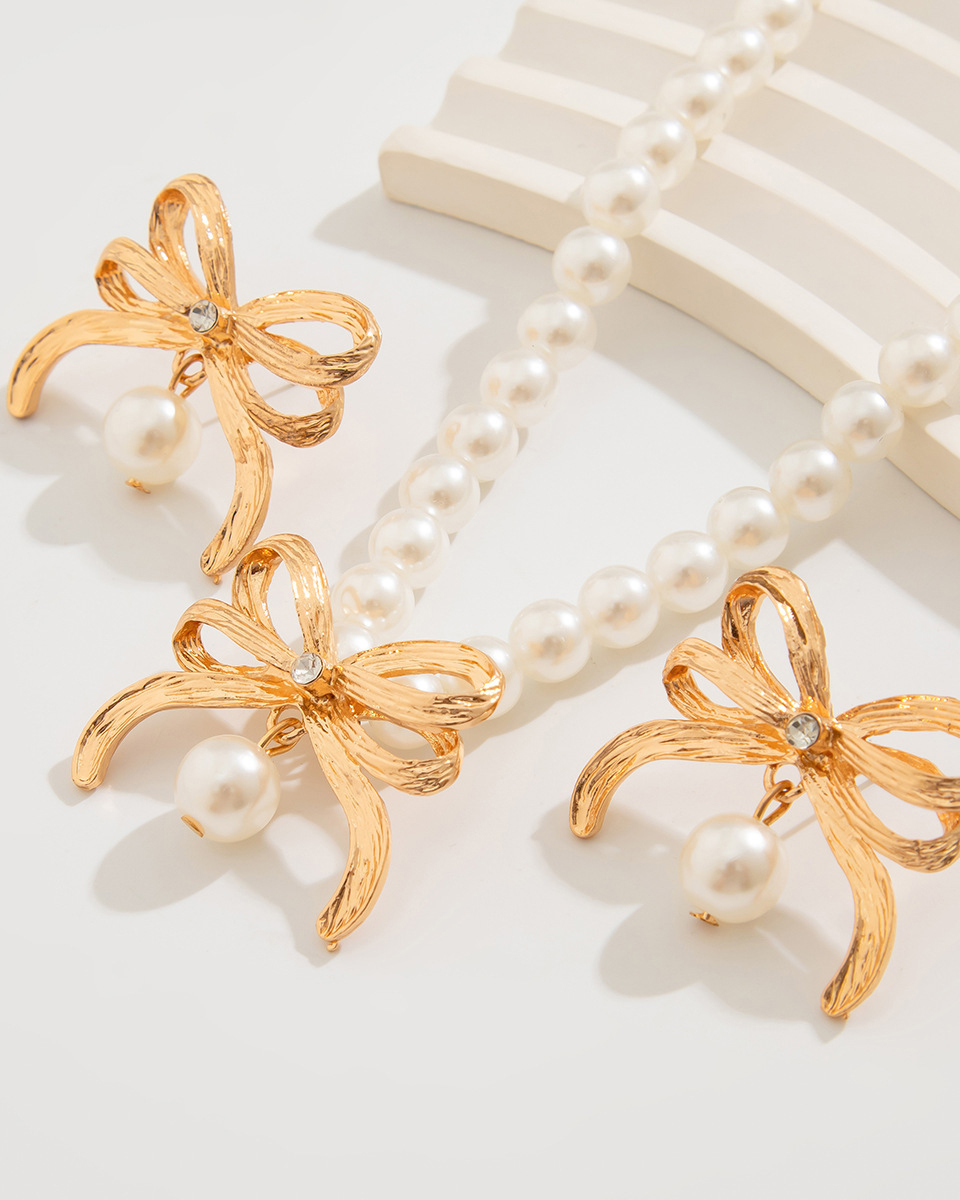 Imitation Pearl Beaded Bow Necklace Set-Curvy-Faja
