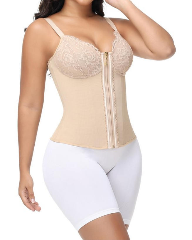 Deep V Lace Corset Top Trimmed Waist Trainer with Front Zipper