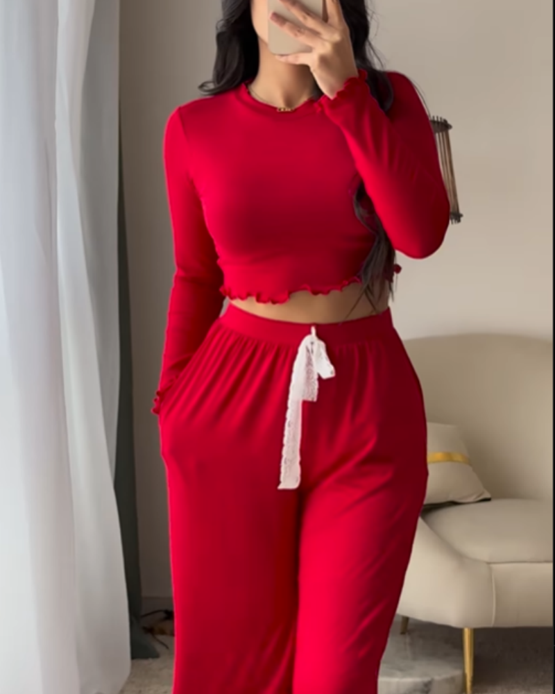 Womens 2 Piece Lounge Sets Slim Fit Long Sleeve Top Fold Over Yoga Flare Pants Pajamas Loungewear Outfits (Pre-Sale)