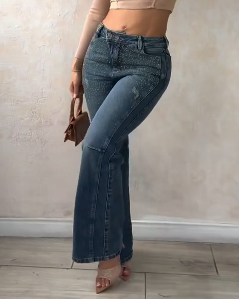 Diamond-Studded Straight-Leg Jeans (Pre-sale)-Curvy-Faja