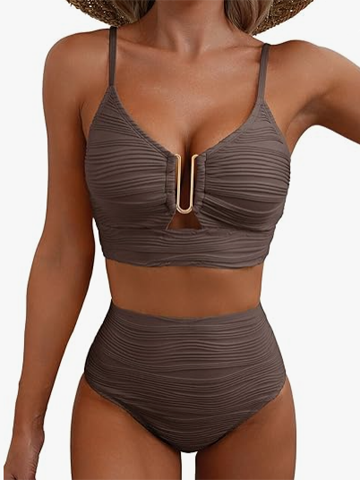 Two-Piece Bikini Set U-Shaped Underwire Hollow High Waist Textured Swimsuit