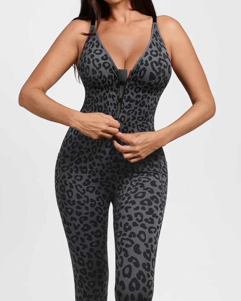 Front‑Zipper Deep‑V Adjustable Straps Shapewear Jumpsuit（Pre‑Sale）