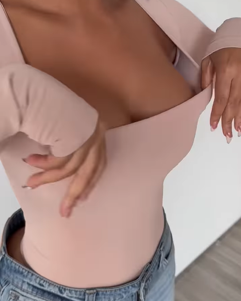 Square Neck Slim Tummy Control Long Sleeve Bodysuit（Pre-Sale）