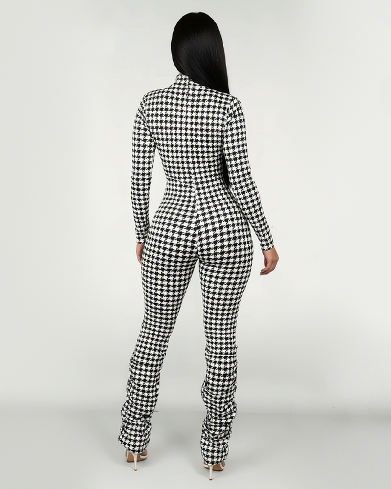Front Zipper Leg Ruched Print Long Sleeve Skinny Jumpsuit（Pre-Sale）
