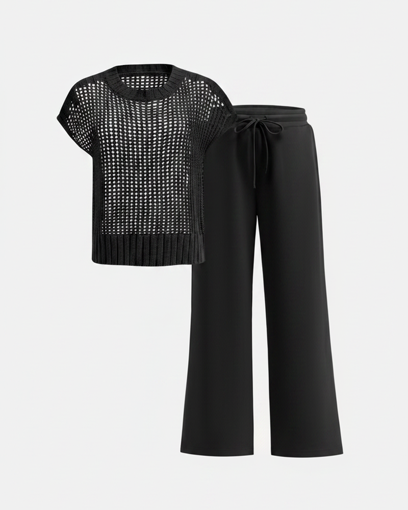 Crochet Knit Tulle Round Neck Short Sleeve Sweater Wide‑Leg Pants Set