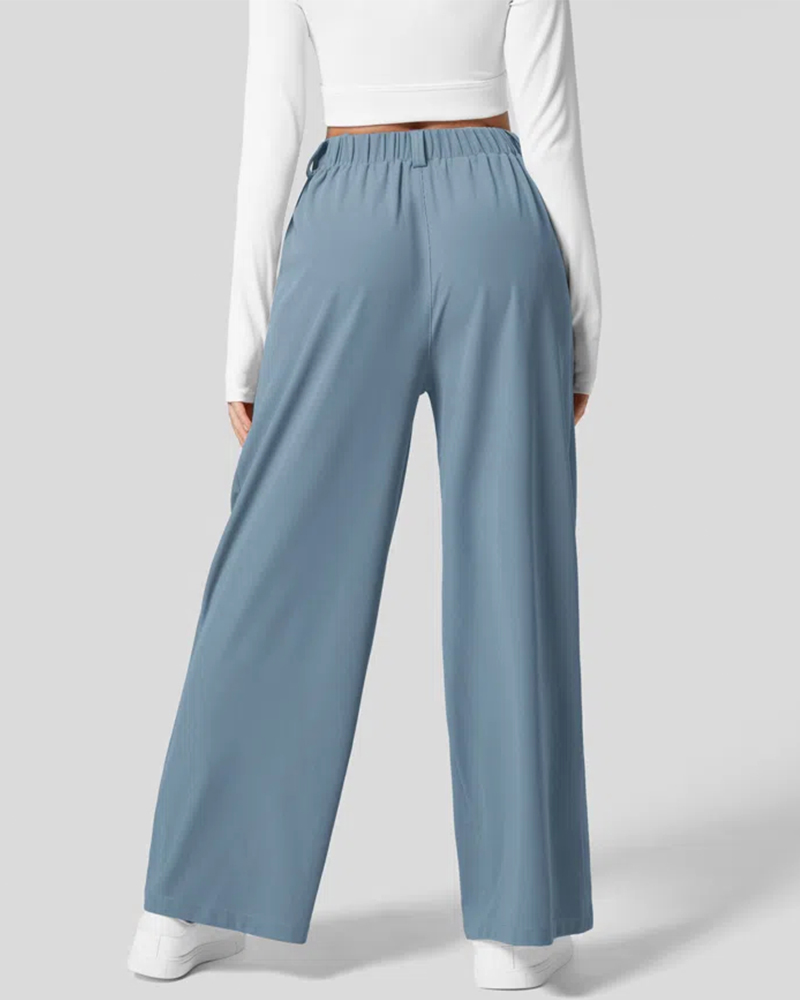 High Waisted Plicated Side Pocket Wide Leg Waffle Work Pants