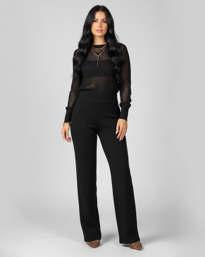 Black Vertical Ribbed Sheer Knit Top Wide Leg Pants Fashion 2 Piece Outfit Set