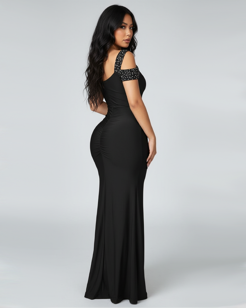 Elegant Rhinestone Off‑Shoulder High Waist Bodycon Slit Dress