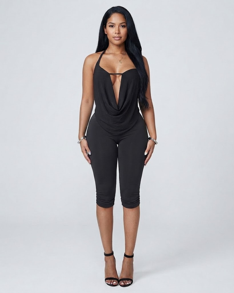 Halter Cowl Neck Deep Open Back Tie‑Up Capri Jumpsuit