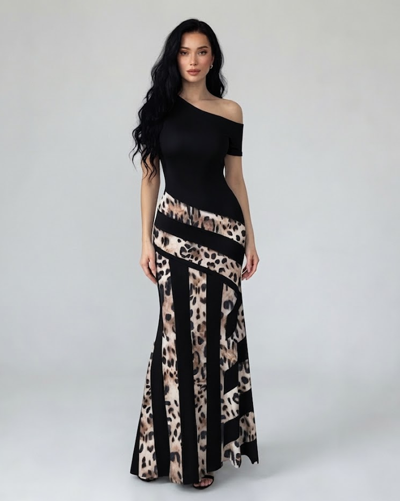 Women's Colorblock Asymmetrical Neck Mermaid Dress