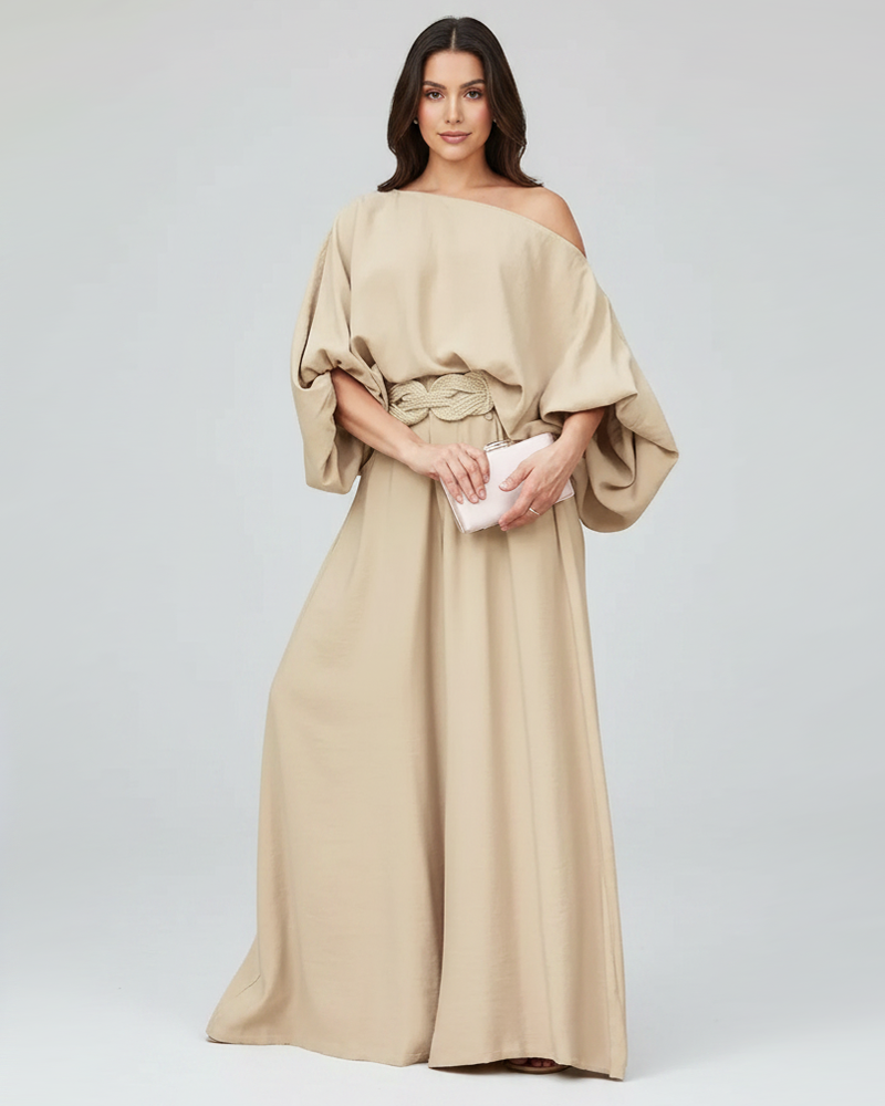 Asymmetrical Neck Lantern Sleeve Top & Wide‑Leg Pants Set