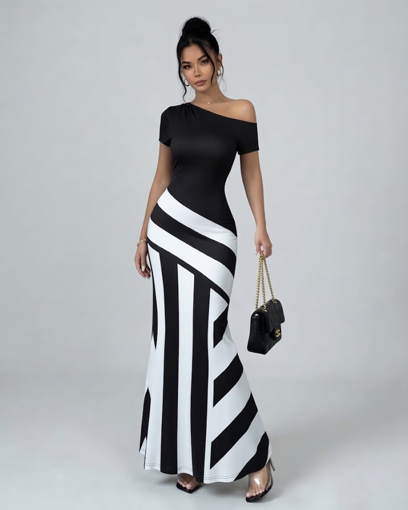 Women's Colorblock Asymmetrical Neck Mermaid Dress