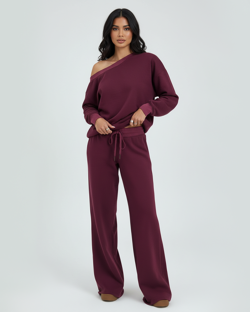 Casual Fashion Off Shoulder Long Sleeve Top Drawstring Sweatpants 2 Piece Set