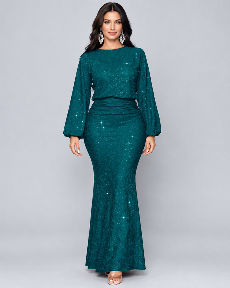 Fashion Sequin Embellished Long Sleeve Mermaid Skirt Ruched Elegant Dress
