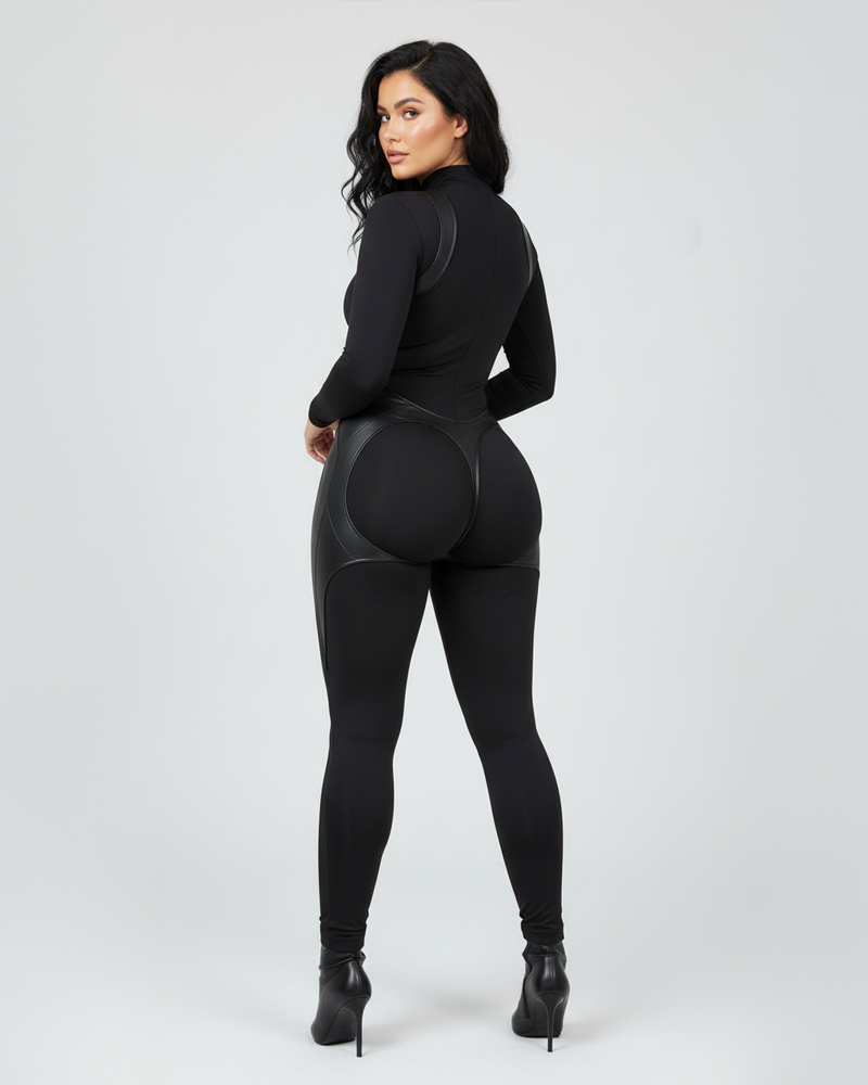 Halloween Mock Neck Front Zipper Faux Leather Panel Shaping Skinny Jumpsuit (Pre-Sale)