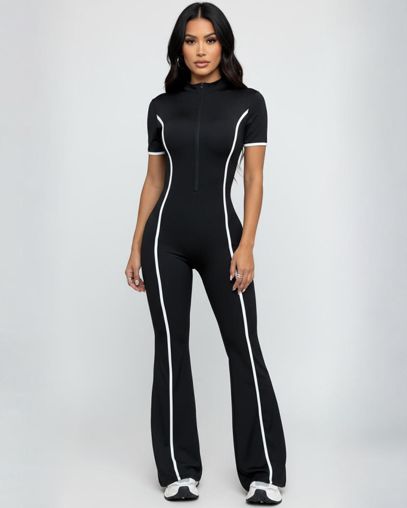 Color‑Block Sports Butt‑Lifting Short Sleeve Long Jumpsuit