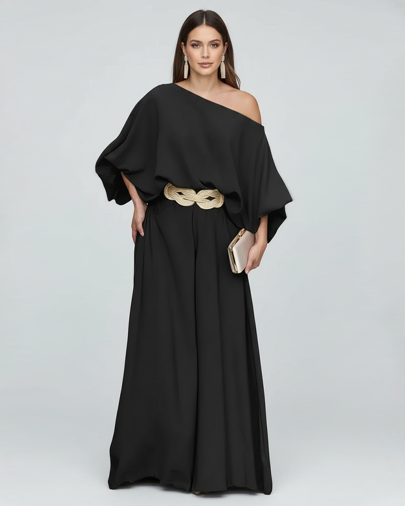 Asymmetrical Neck Lantern Sleeve Top & Wide‑Leg Pants Set