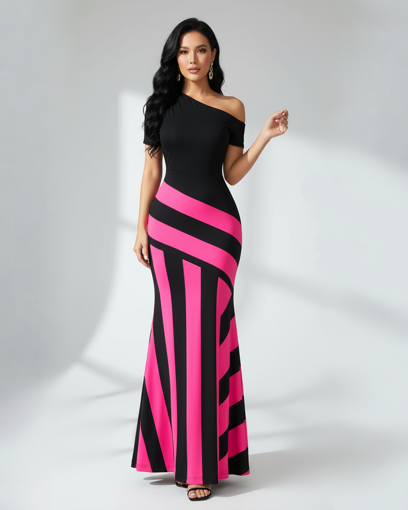 Women's Colorblock Asymmetrical Neck Mermaid Dress