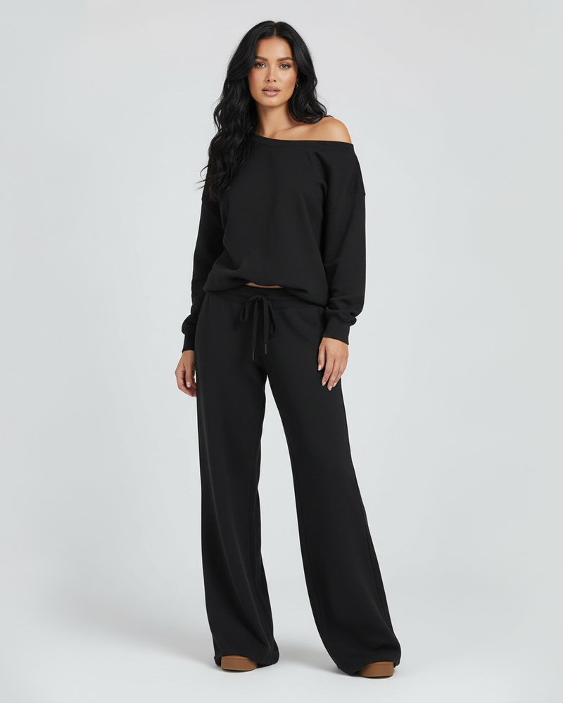 Casual Fashion Off Shoulder Long Sleeve Top Drawstring Sweatpants 2 Piece Set