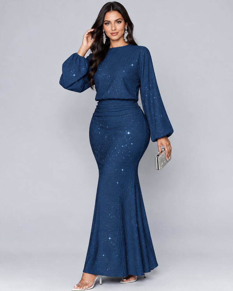 Fashion Sequin Embellished Long Sleeve Mermaid Skirt Ruched Elegant Dress