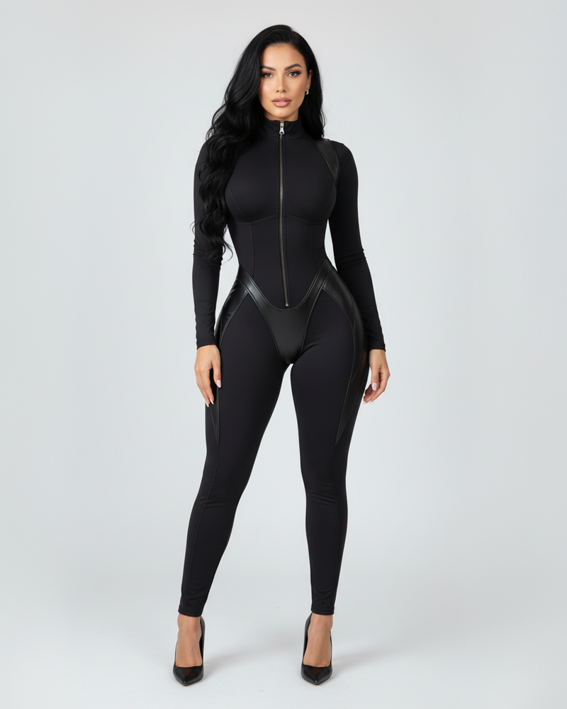 Halloween Mock Neck Front Zipper Faux Leather Panel Shaping Skinny Jumpsuit (Pre-Sale)