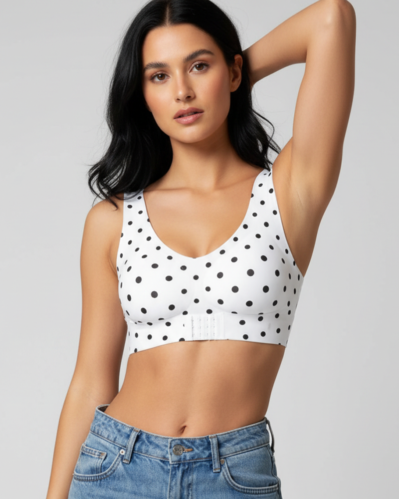 Vest Style Front Closure Wire-Free Leopard Polka Dot Push-Up Shaping Back Support Bra