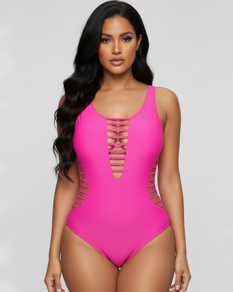 Deep V Neck Hollow‑Out Tie‑Up One‑Piece Swimsuit