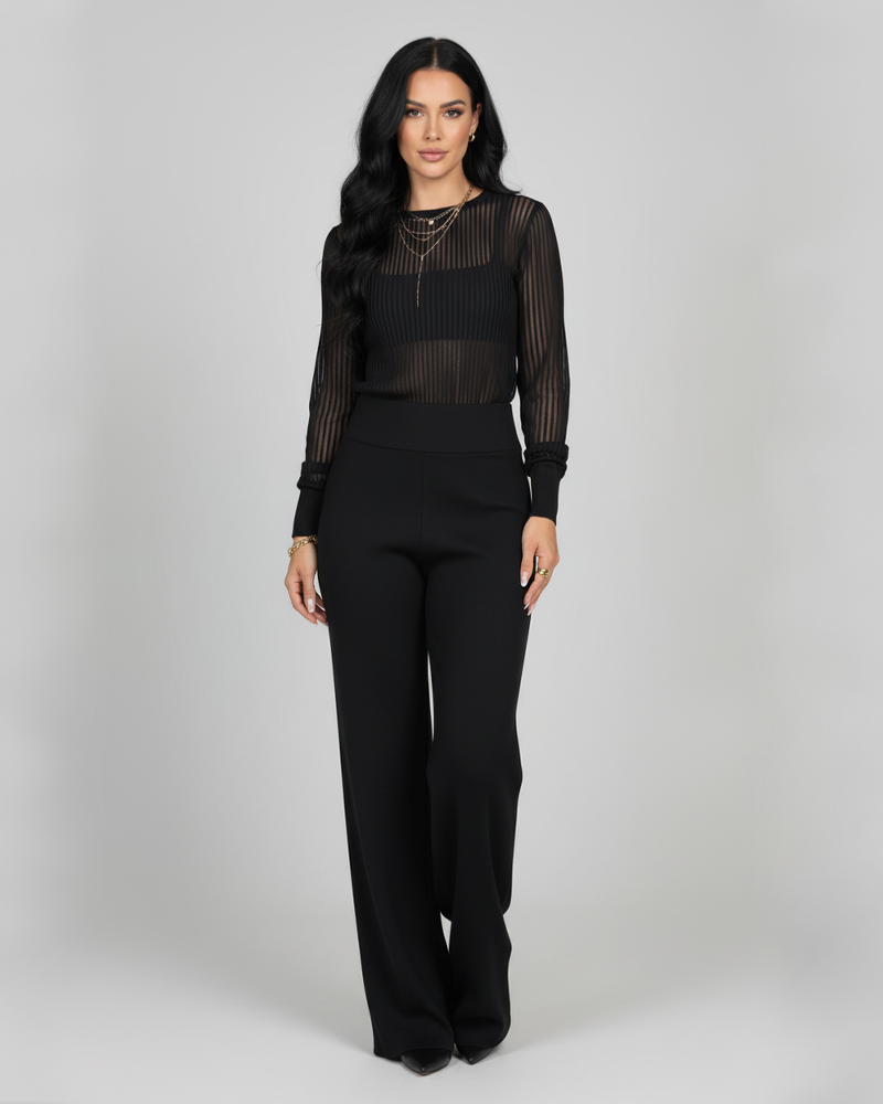 Black Vertical Ribbed Sheer Knit Top Wide Leg Pants Fashion 2 Piece Outfit Set