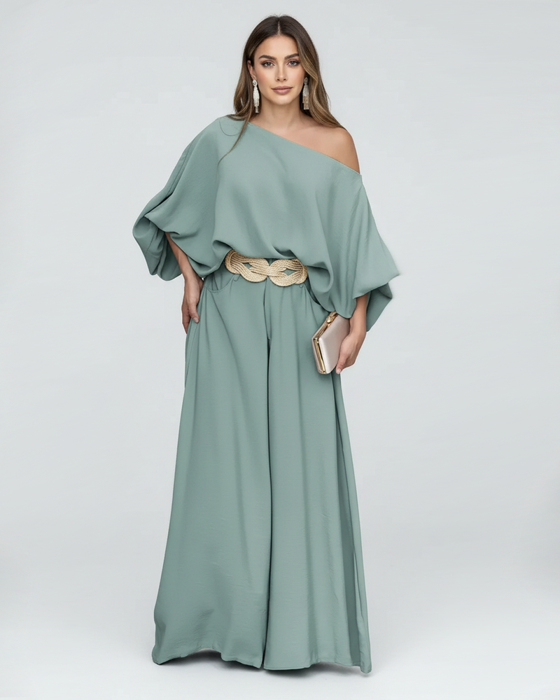 Asymmetrical Neck Lantern Sleeve Top & Wide‑Leg Pants Set