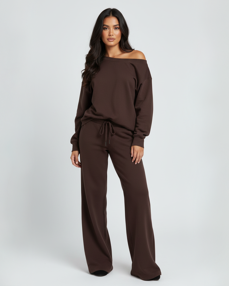 Casual Fashion Off Shoulder Long Sleeve Top Drawstring Sweatpants 2 Piece Set
