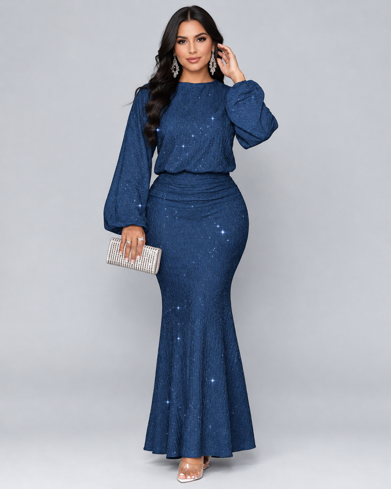 Fashion Sequin Embellished Long Sleeve Mermaid Skirt Ruched Elegant Dress