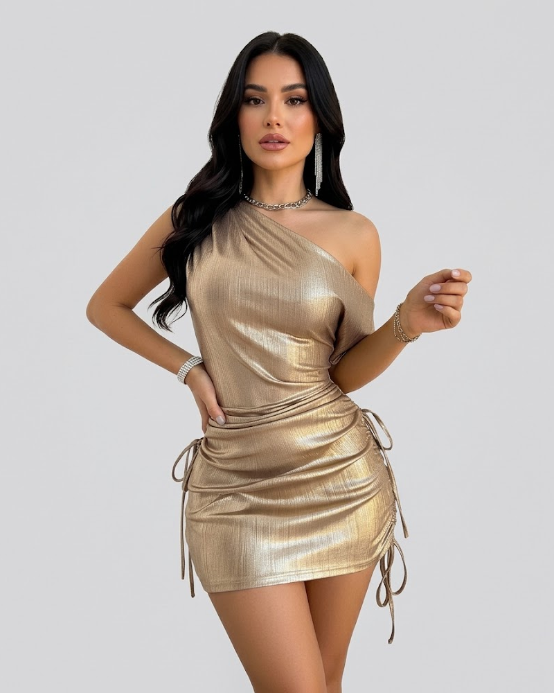 Metallic One Shoulder Asymmetric Elegant Slim Fit Mini Dress
