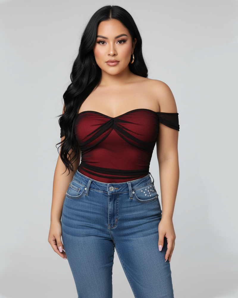 Sleeveless Heart Neck Mesh Ruched Fitted Bodysuit（Pre‑Sale）