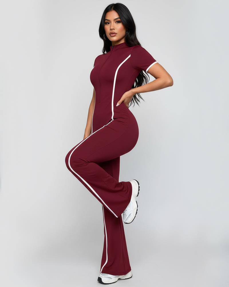 Color‑Block Sports Butt‑Lifting Short Sleeve Long Jumpsuit