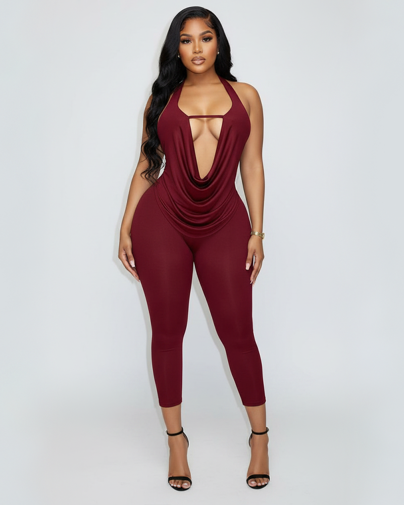 Halter Cowl Neck Deep Open Back Tie‑Up Capri Jumpsuit