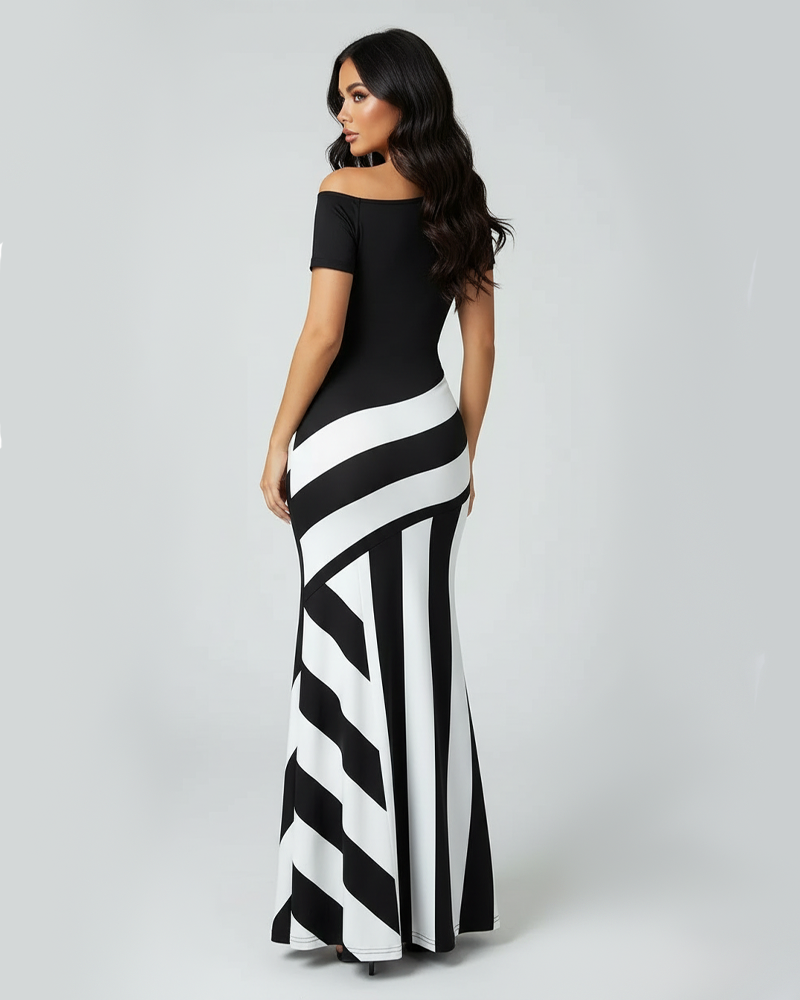 Women's Colorblock Asymmetrical Neck Mermaid Dress