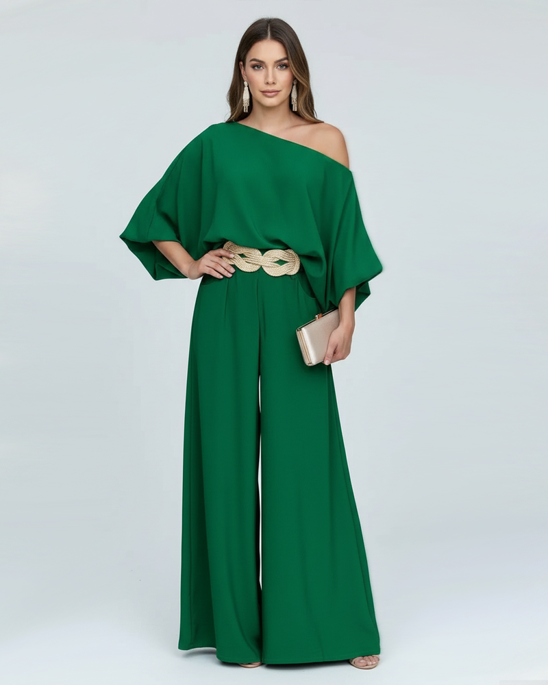 Asymmetrical Neck Lantern Sleeve Top & Wide‑Leg Pants Set