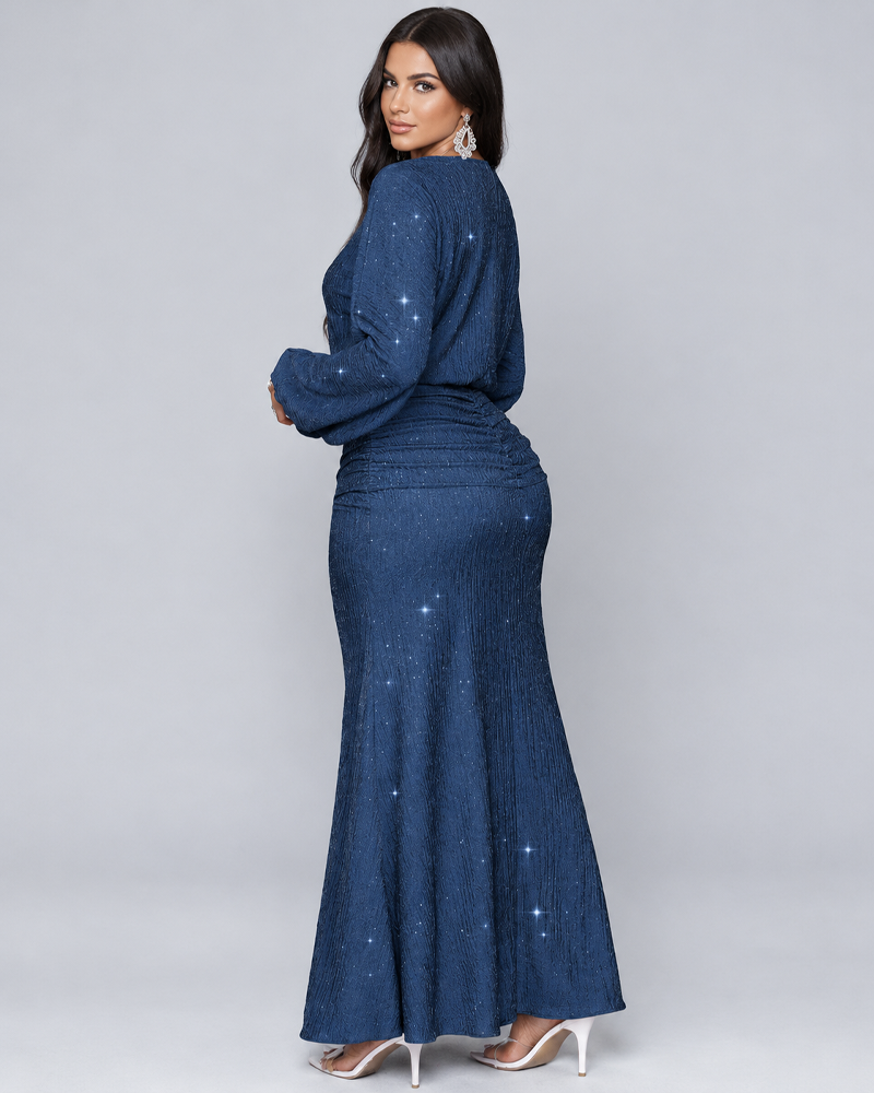 Fashion Sequin Embellished Long Sleeve Mermaid Skirt Ruched Elegant Dress