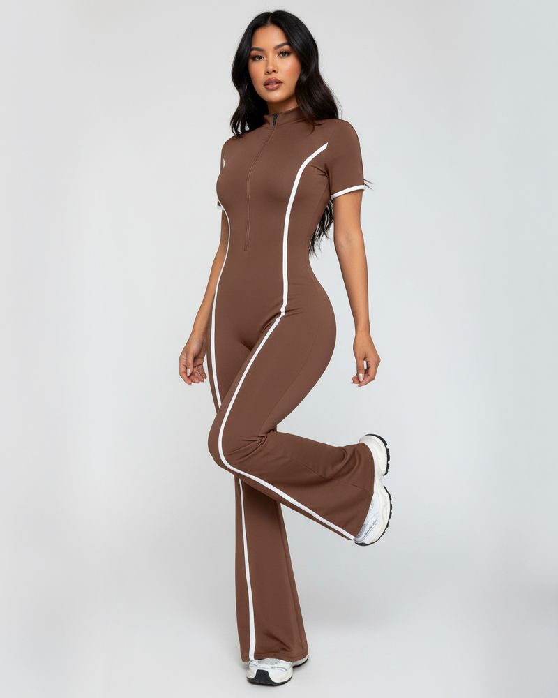 Color‑Block Sports Butt‑Lifting Short Sleeve Long Jumpsuit