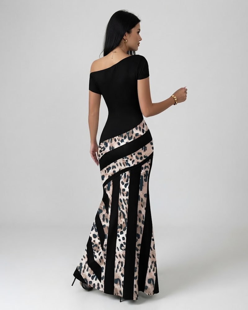 Women's Colorblock Asymmetrical Neck Mermaid Dress
