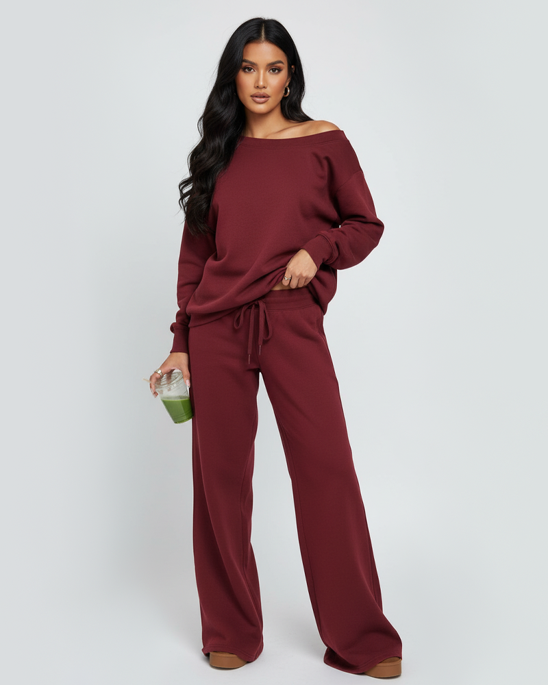 Casual Fashion Off Shoulder Long Sleeve Top Drawstring Sweatpants 2 Piece Set