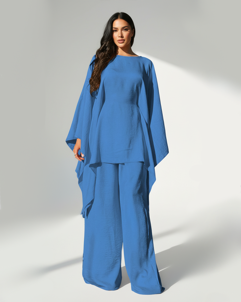 Cape Batwing Sleeve Solid Textured Wide Leg Pants Casual 2 Piece Outfit