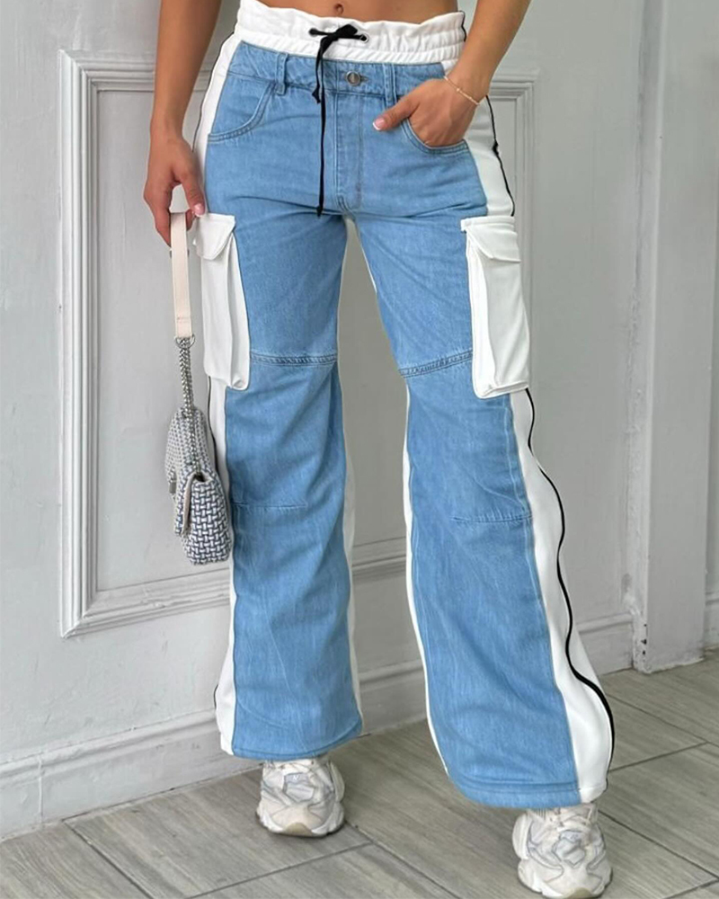 Patchwork Cargo Jeans With Lace-Up