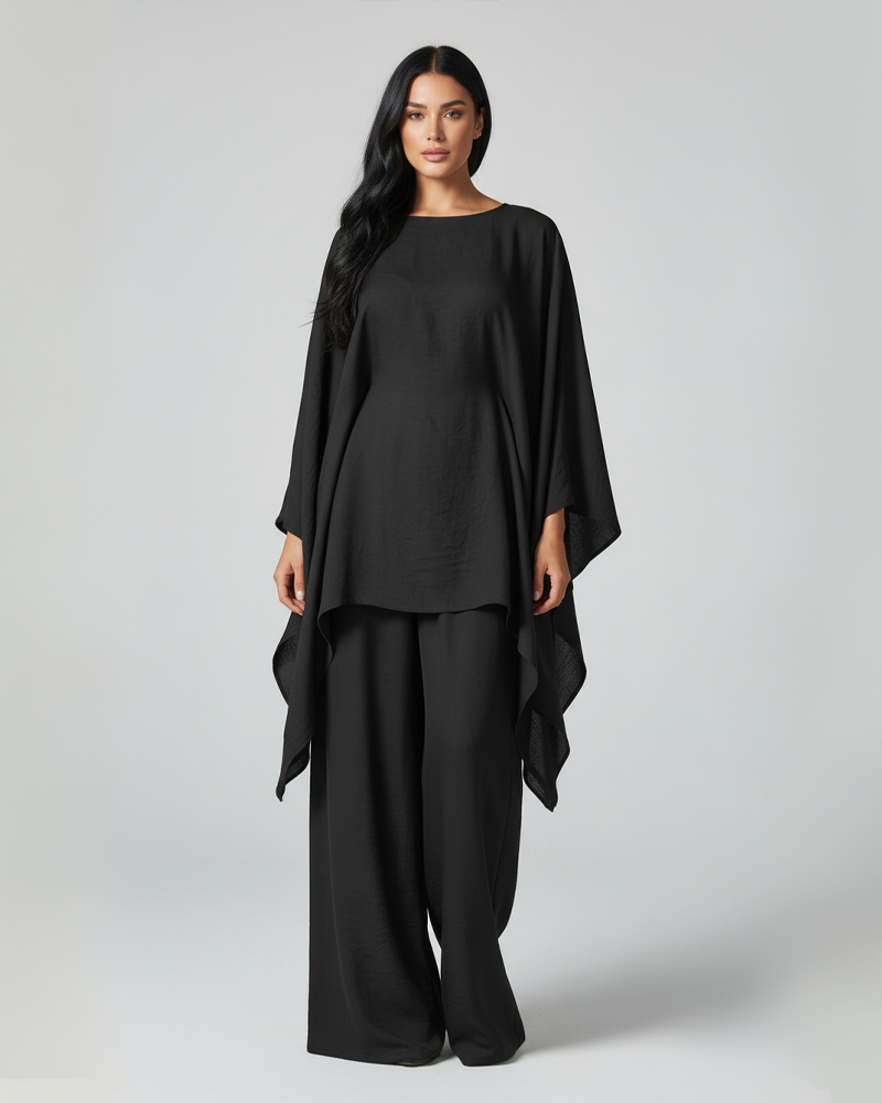 Cape Batwing Sleeve Solid Textured Wide Leg Pants Casual 2 Piece Outfit