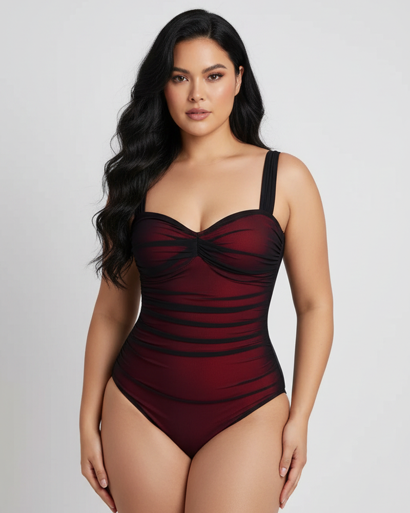 Sleeveless Heart Neck Mesh Ruched Fitted Bodysuit（Pre‑Sale）