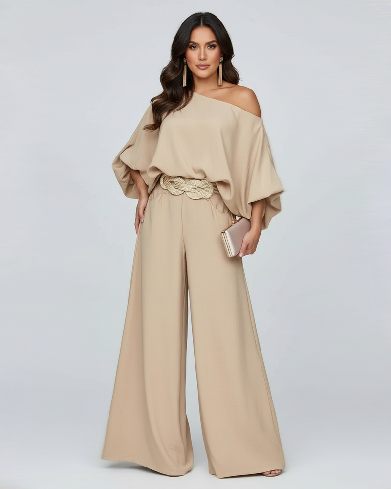 Asymmetrical Neck Lantern Sleeve Top & Wide‑Leg Pants Set